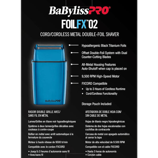 BaBylissPRO FOILFX02 Cord/Cordless Metal Double Foil Shaver - Blue (FXFS2BL)