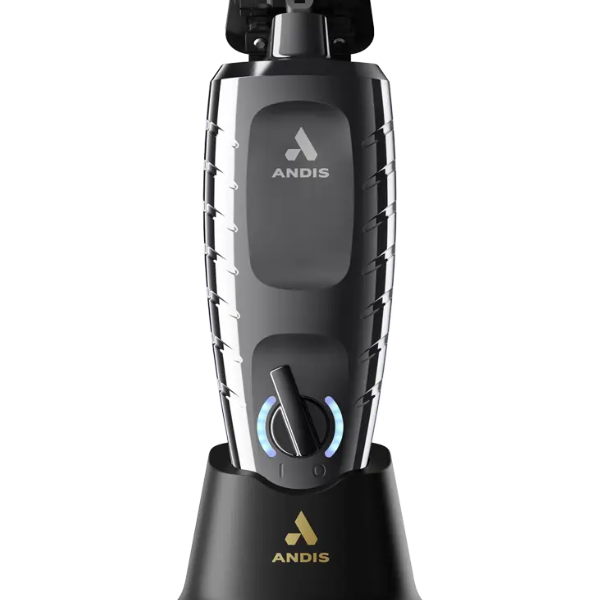 Andis electric trimmer with charging base on a white background
