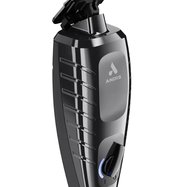 Black Andis trimmer on a white background with blade