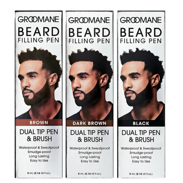 Three packages of Groomane Beard Filling Pen with different color options on a white background.