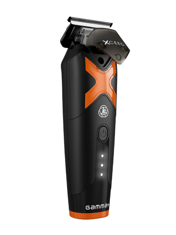 Black and orange grooming tool with brand logo on a white background