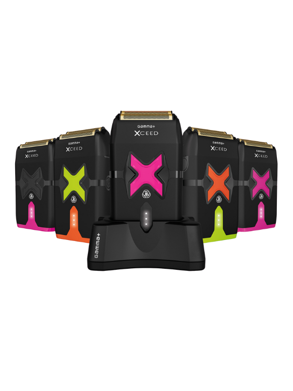 Set of electric shavers with colorful 'X' logos on a white background