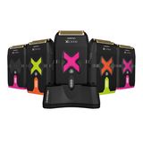 Set of electric shavers with colorful 'X' logos on a white background