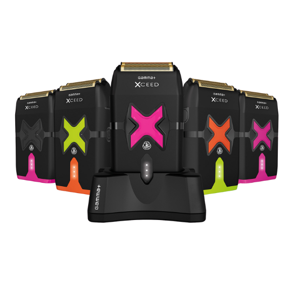 Set of electric shavers with colorful 'X' logos on a white background