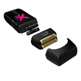 Electric shaver with gold foil and black handle on a white background