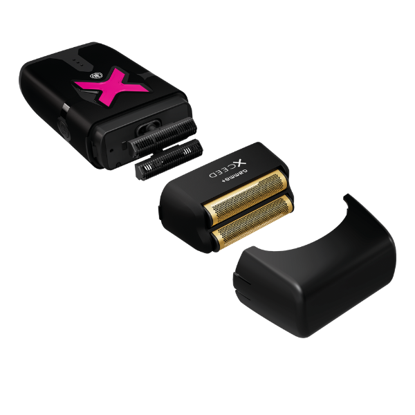 Electric shaver with gold foil and black handle on a white background