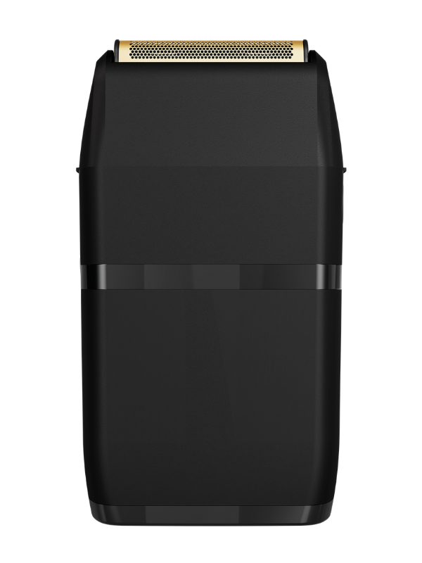 Black electronic device with gold top on a white background