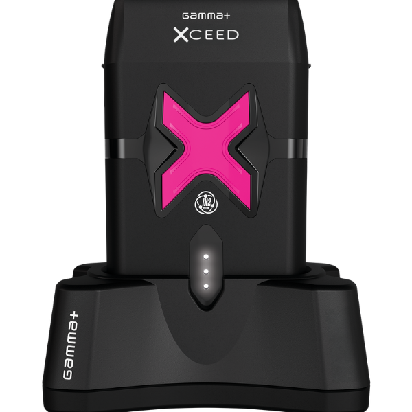 Black electric shaver with pink 'X' design on a white background
