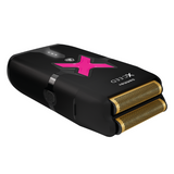 Black electronic device with gold components and a pink 'X' logo on a white background