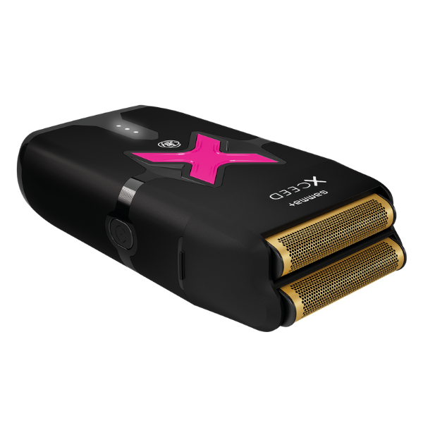 Black electronic device with gold components and a pink 'X' logo on a white background