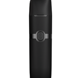 Black electronic device with a central button on a white background