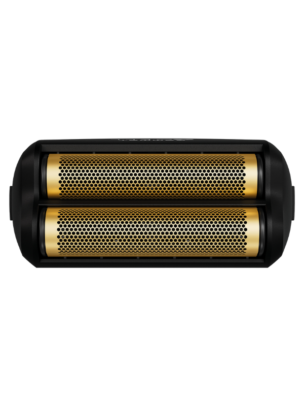 Black and gold cylindrical product on a white background