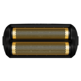Black and gold cylindrical product on a white background