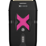 Black electric shaver with pink 'X' design on a white background