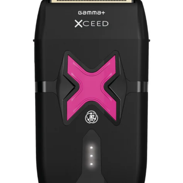 Black electric shaver with pink 'X' design on a white background