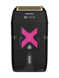 Black electric shaver with pink 'X' design on a white background