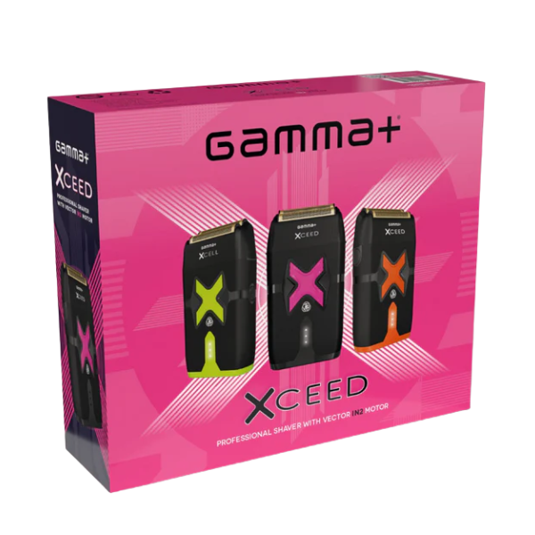 Gamma+ Xceed hair styling product packaging on a white background