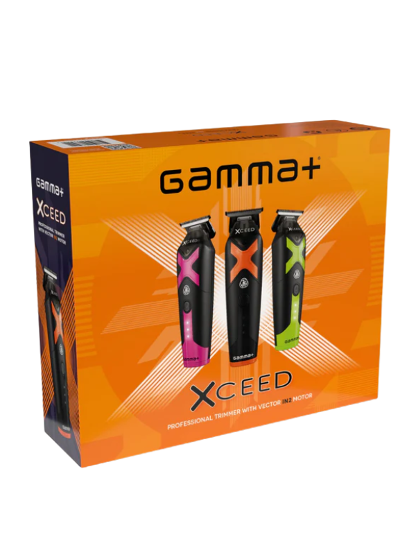 Box of Gamma+ Xceed hair trimmers with three different models on an orange background