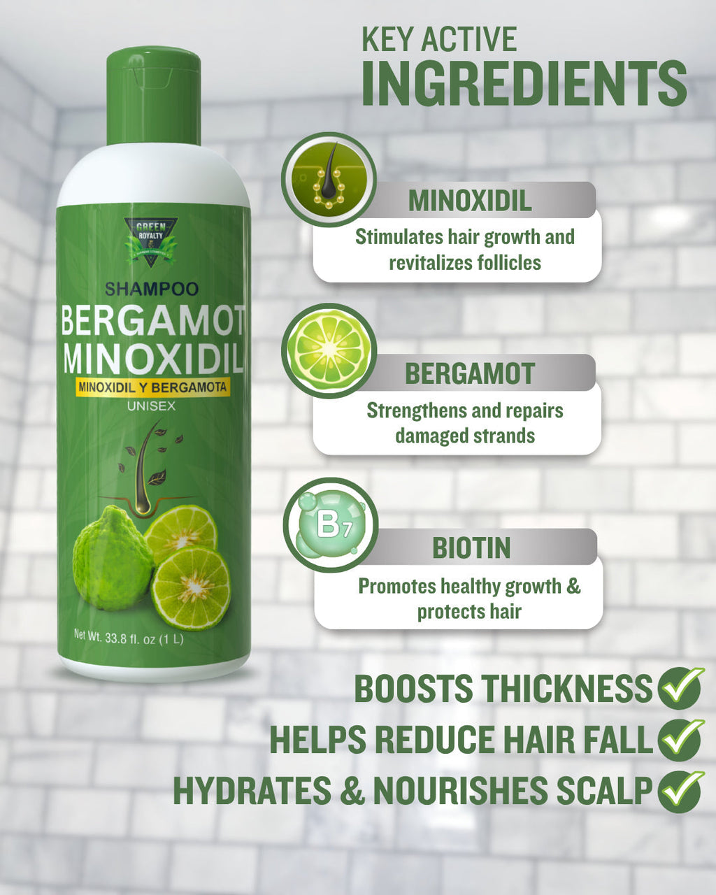 Green Royalty Bergamot Minoxidil & Keratin Collagen Shampoo, Unisex Hair Care