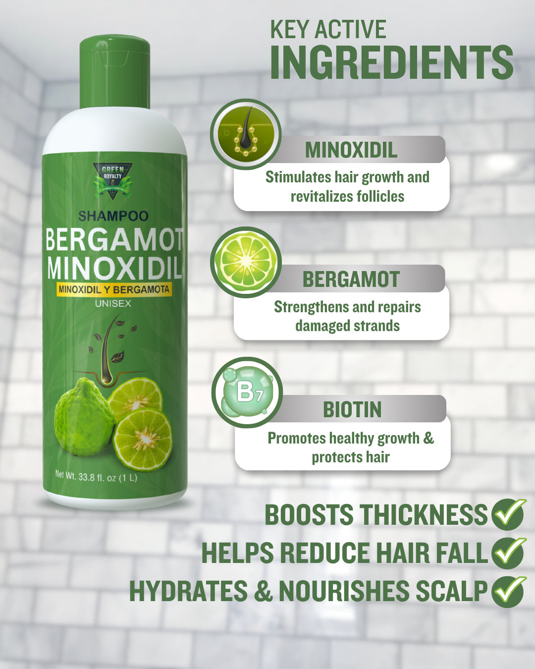 Green Royalty Bergamot Minoxidil & Keratin Collagen Shampoo, Unisex Hair Care