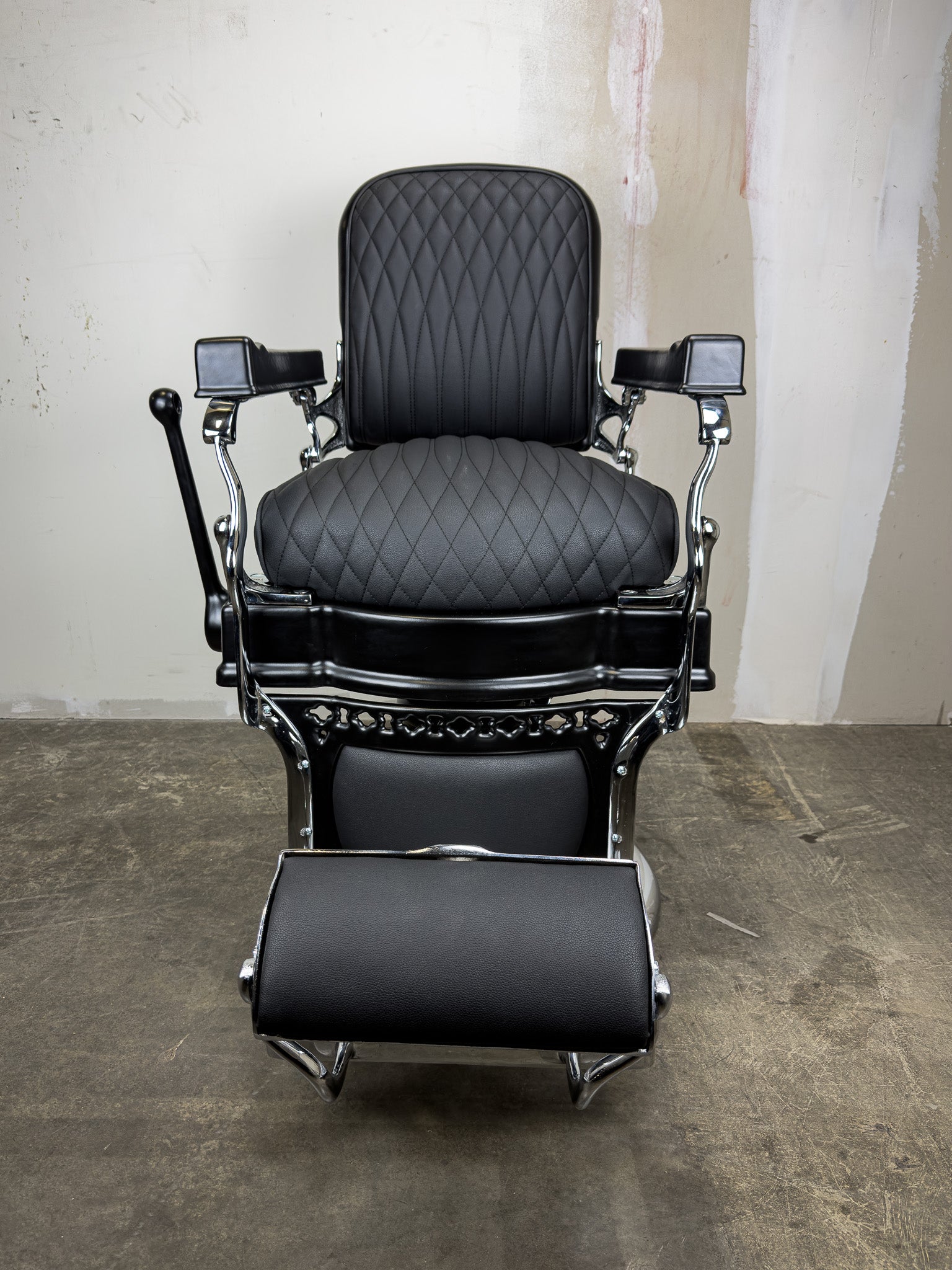 Custom Vintage Koken Barber Chair - Black on Chrome w/ Alsace Diamond Stitching