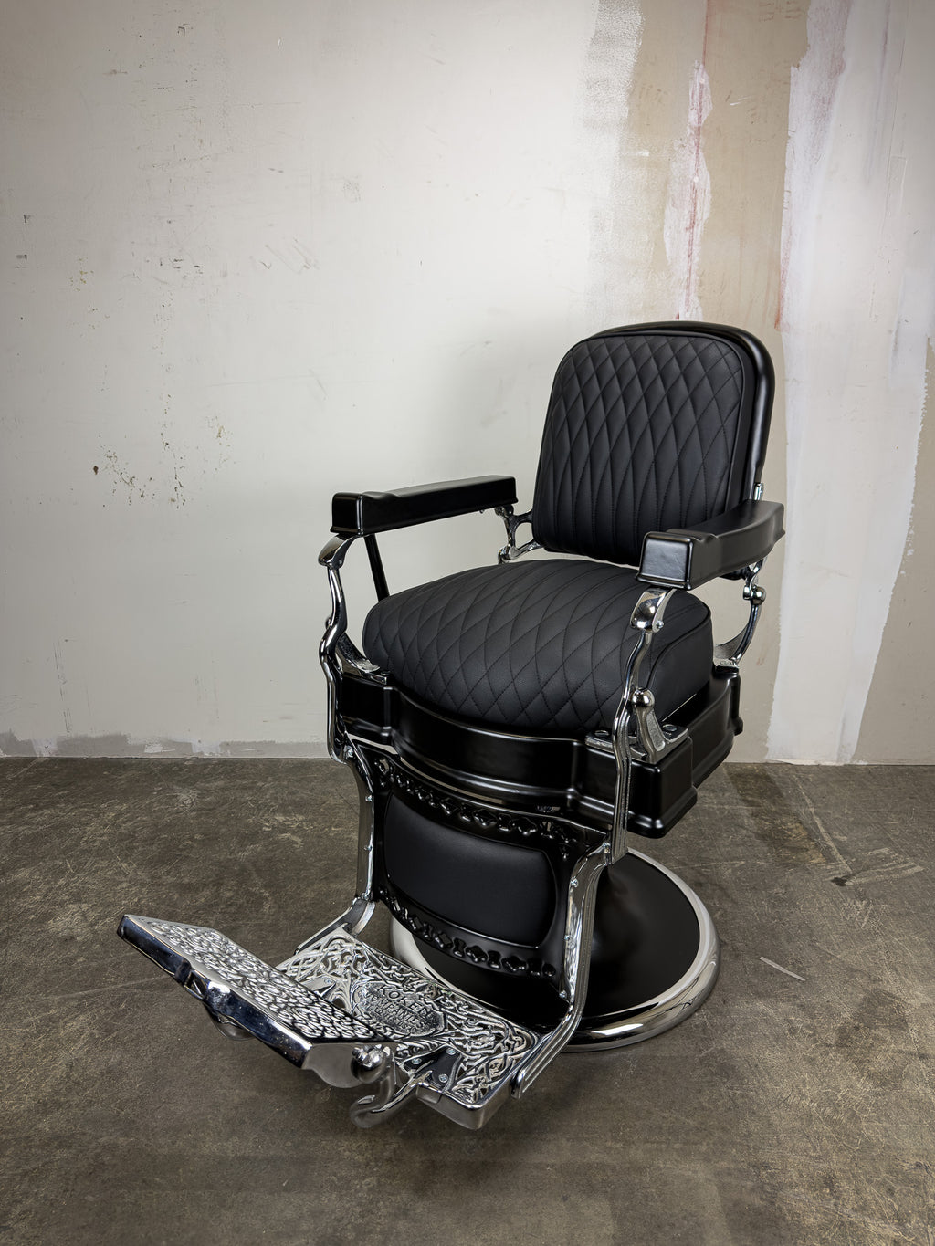 Custom Vintage Koken Barber Chair - Black on Chrome w/ Alsace Diamond Stitching
