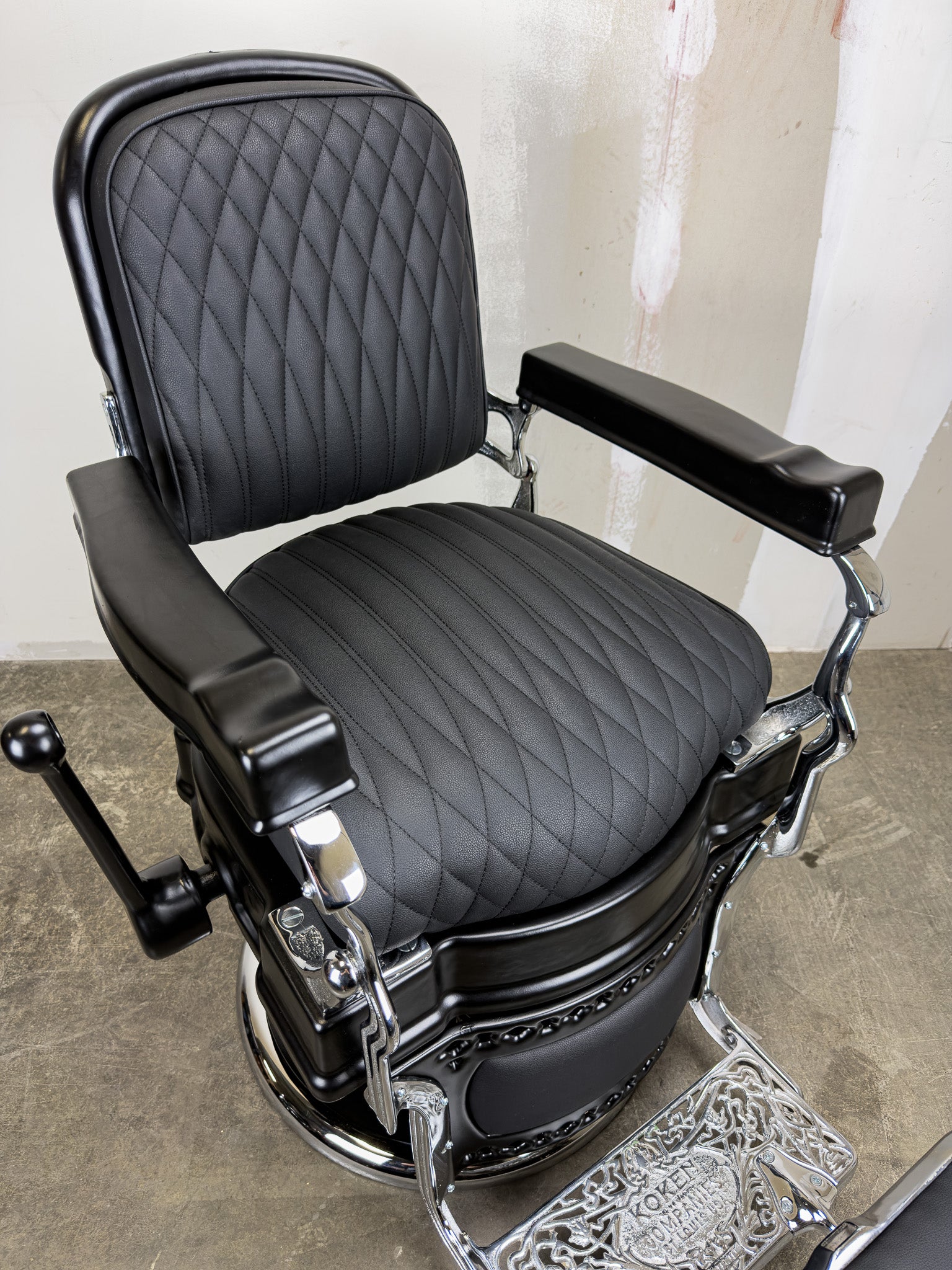 Custom Vintage Koken Barber Chair - Black on Chrome w/ Alsace Diamond Stitching