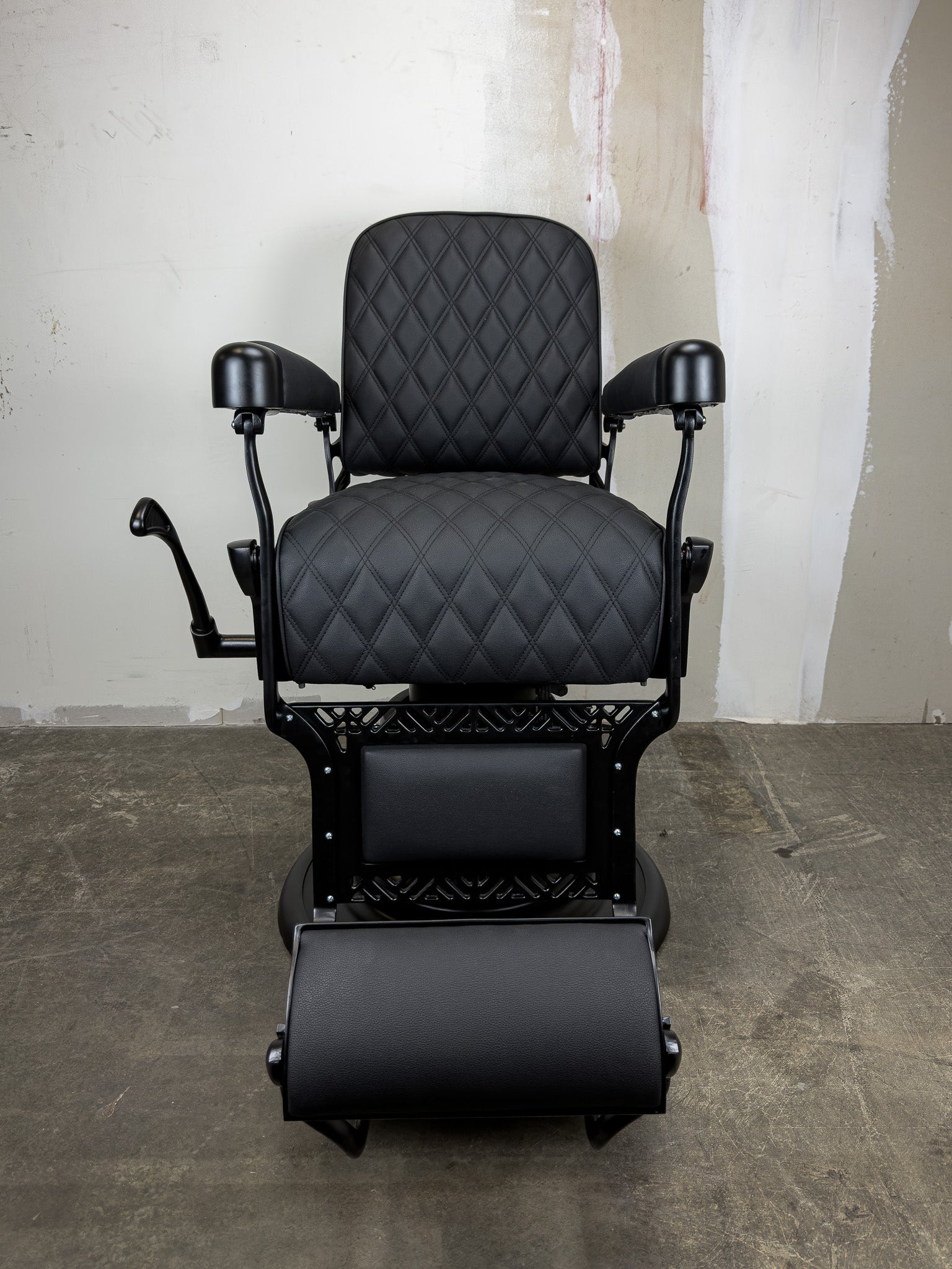 Custom Vintage Koken Barber Chair - Black on Black w/ Double Diamond Stitching