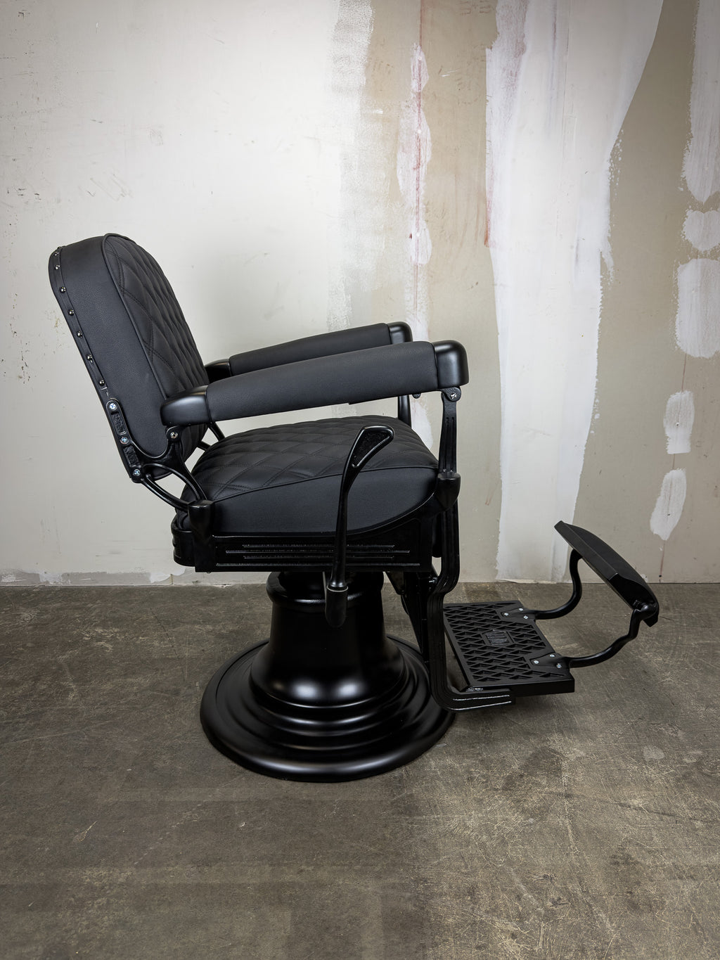 Custom Vintage Koken Barber Chair - Black on Black w/ Double Diamond Stitching