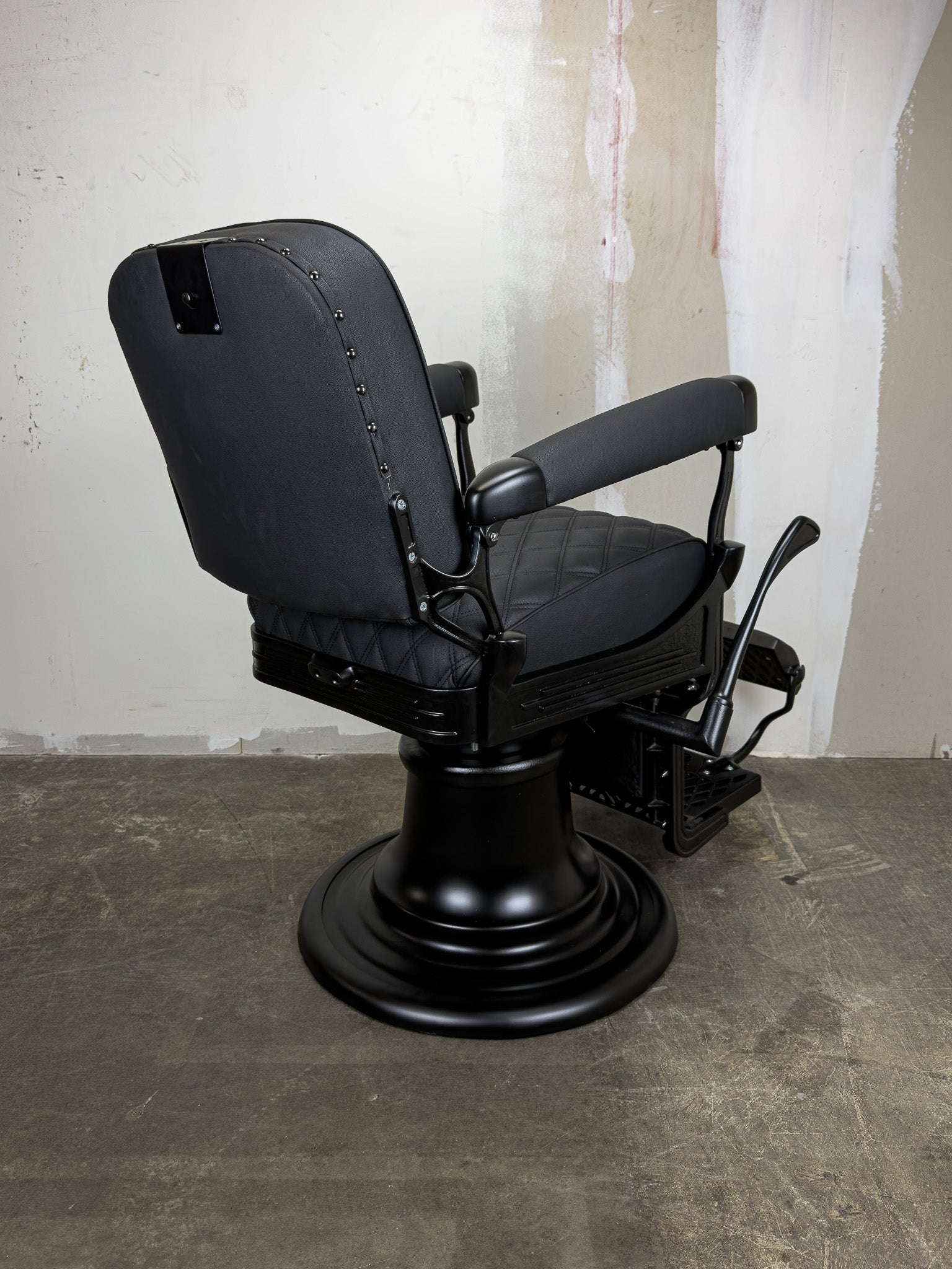 Custom Vintage Koken Barber Chair - Black on Black w/ Double Diamond Stitching