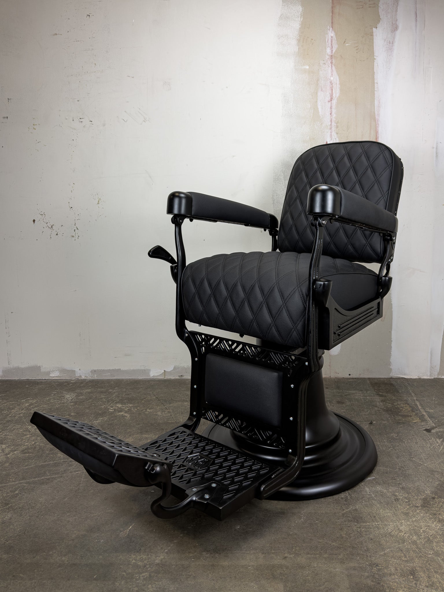 Custom Vintage Koken Barber Chair - Black on Black w/ Double Diamond Stitching