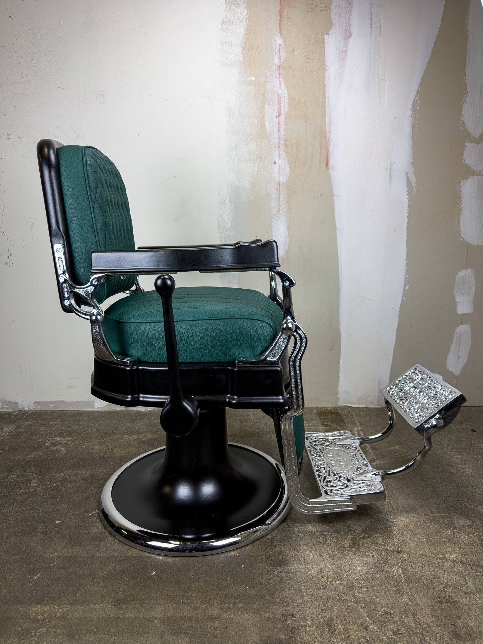 Custom Vintage Koken Barber Chair - Black on Chrome w/ Gren Alsace Diamond Stitching