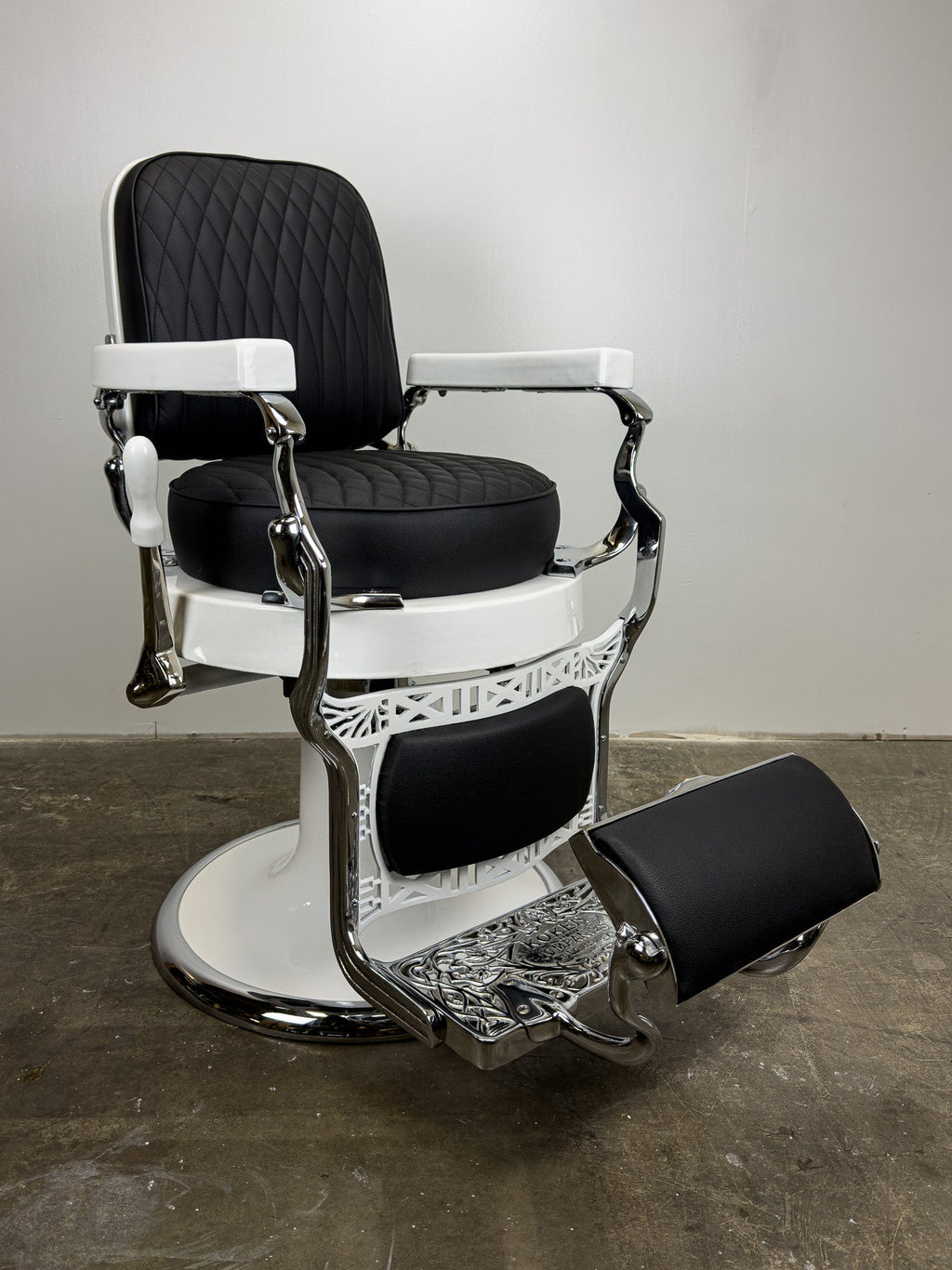 Custom Vintage Round Seat Koken Barber Chair - White on Chrome