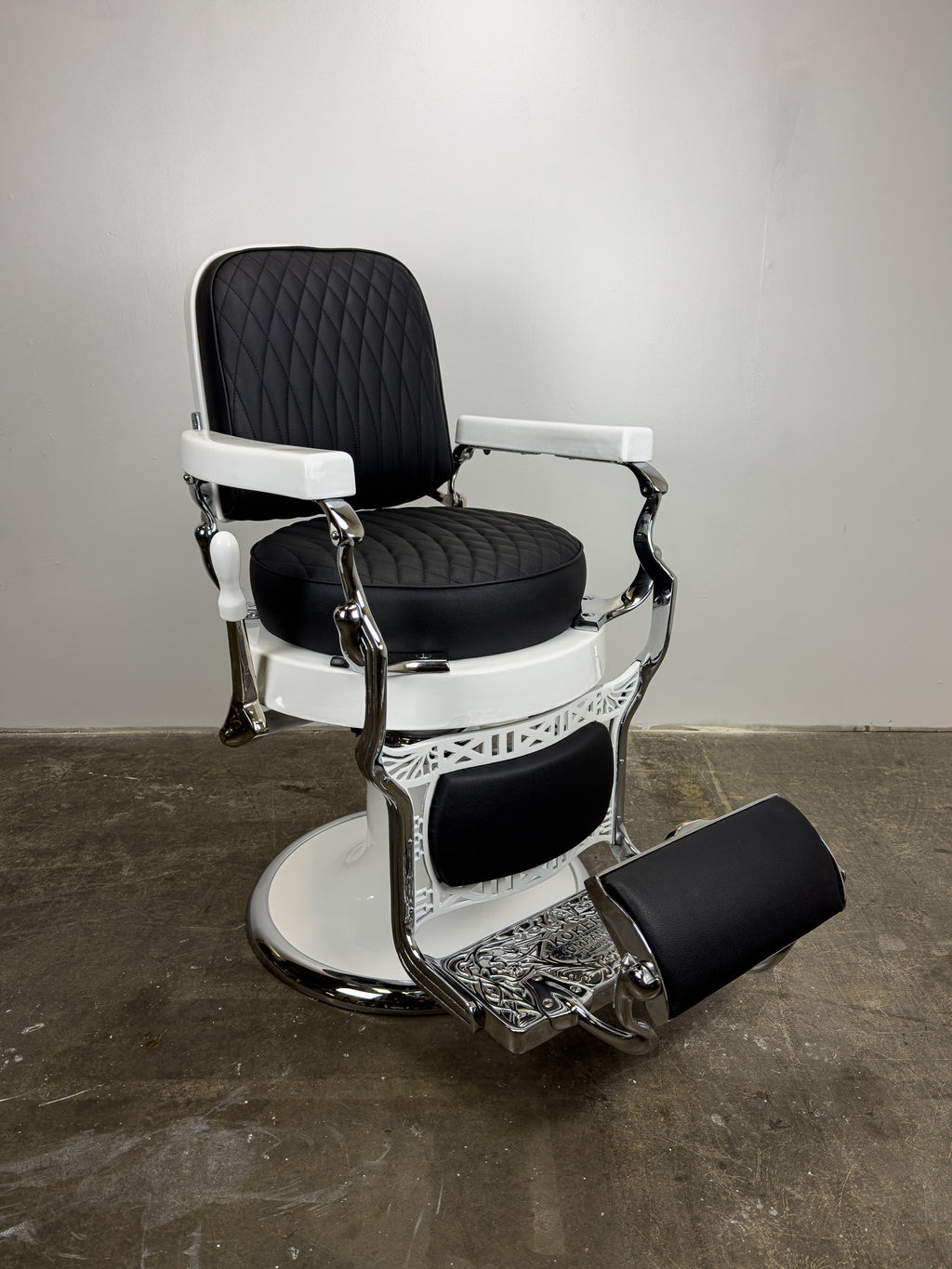 Custom Vintage Round Seat Koken Barber Chair - White on Chrome