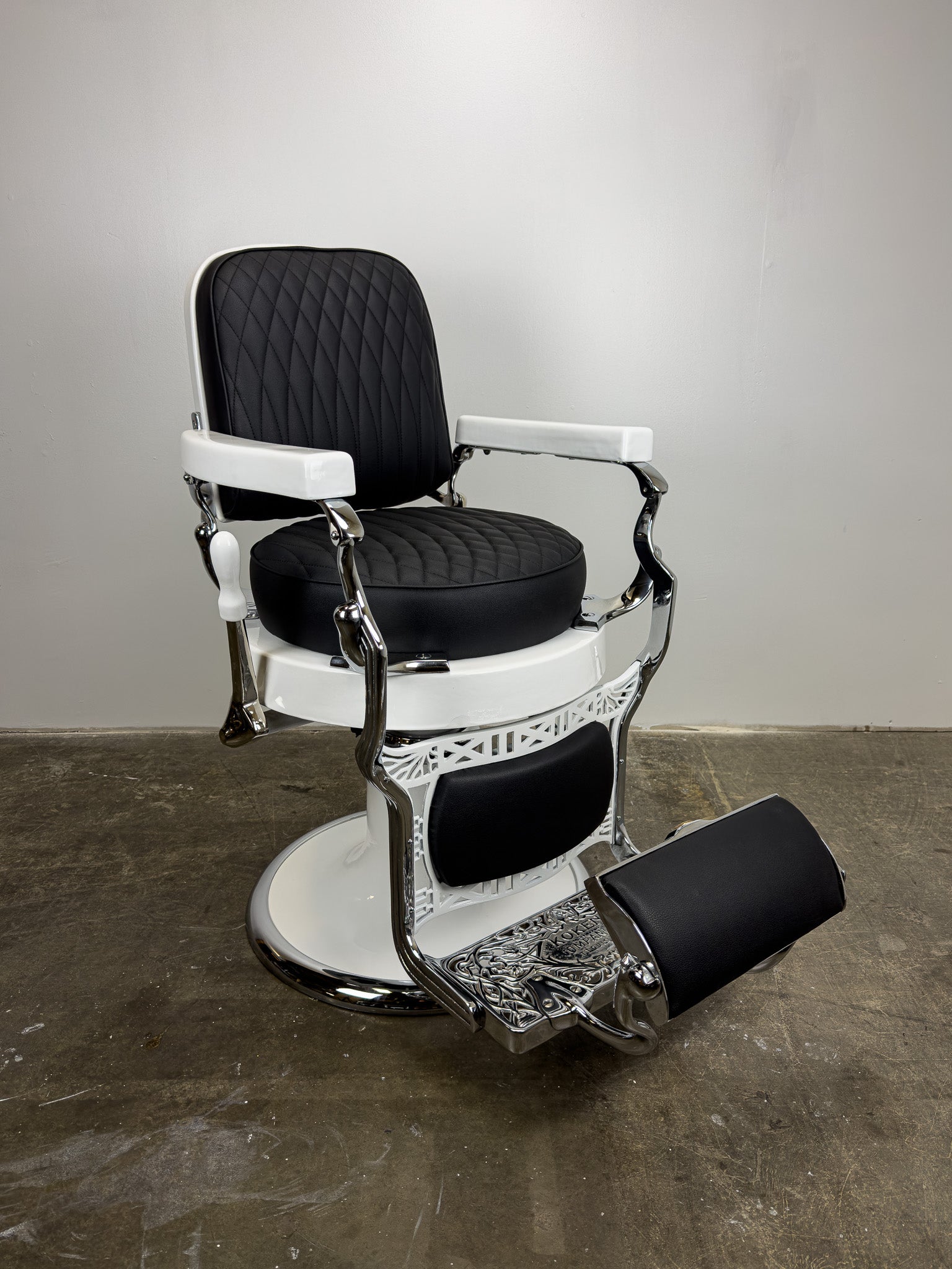 Custom Vintage Round Seat Koken Barber Chair - White on Chrome