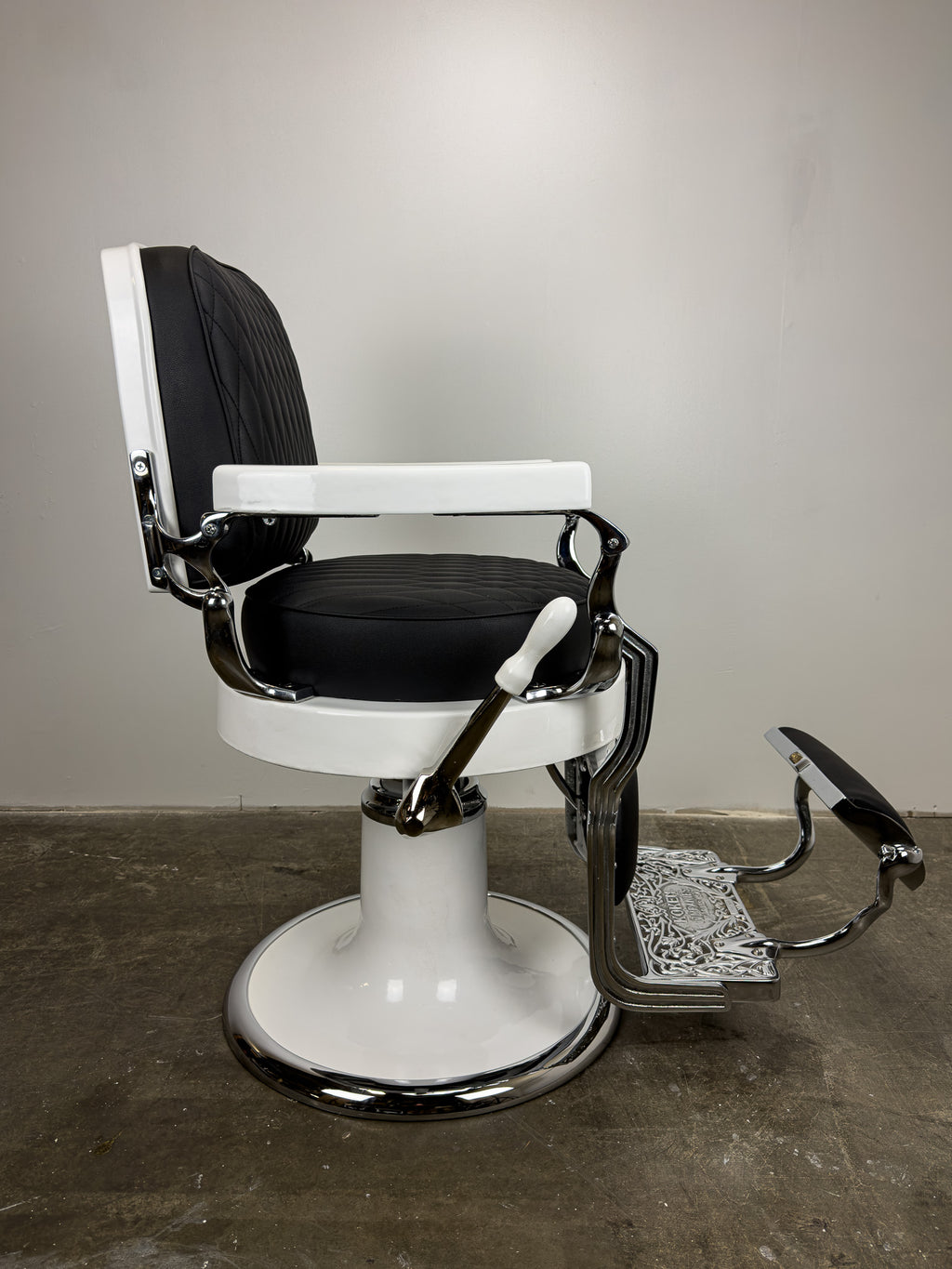 Custom Vintage Round Seat Koken Barber Chair - White on Chrome