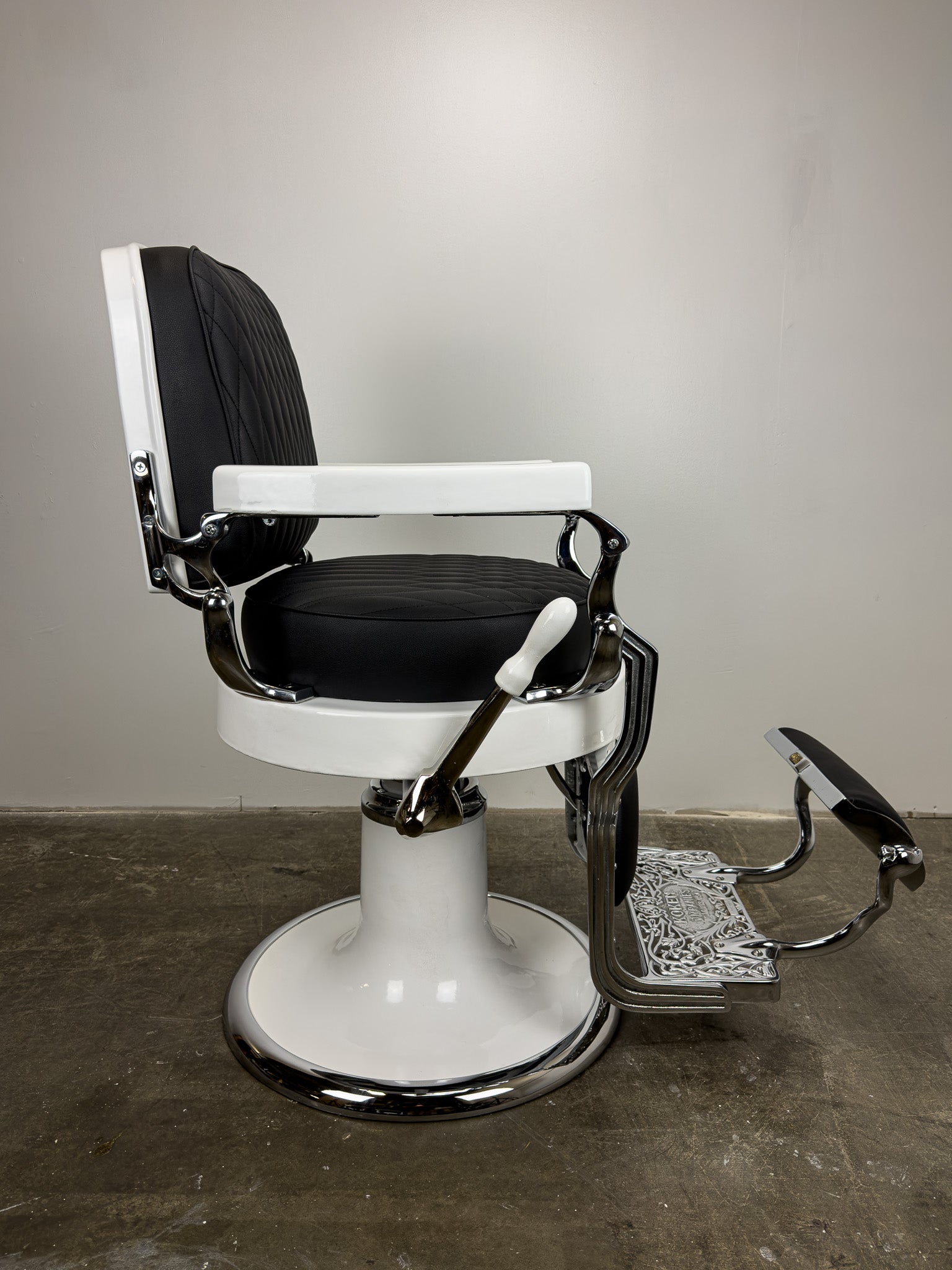 Custom Vintage Round Seat Koken Barber Chair - White on Chrome