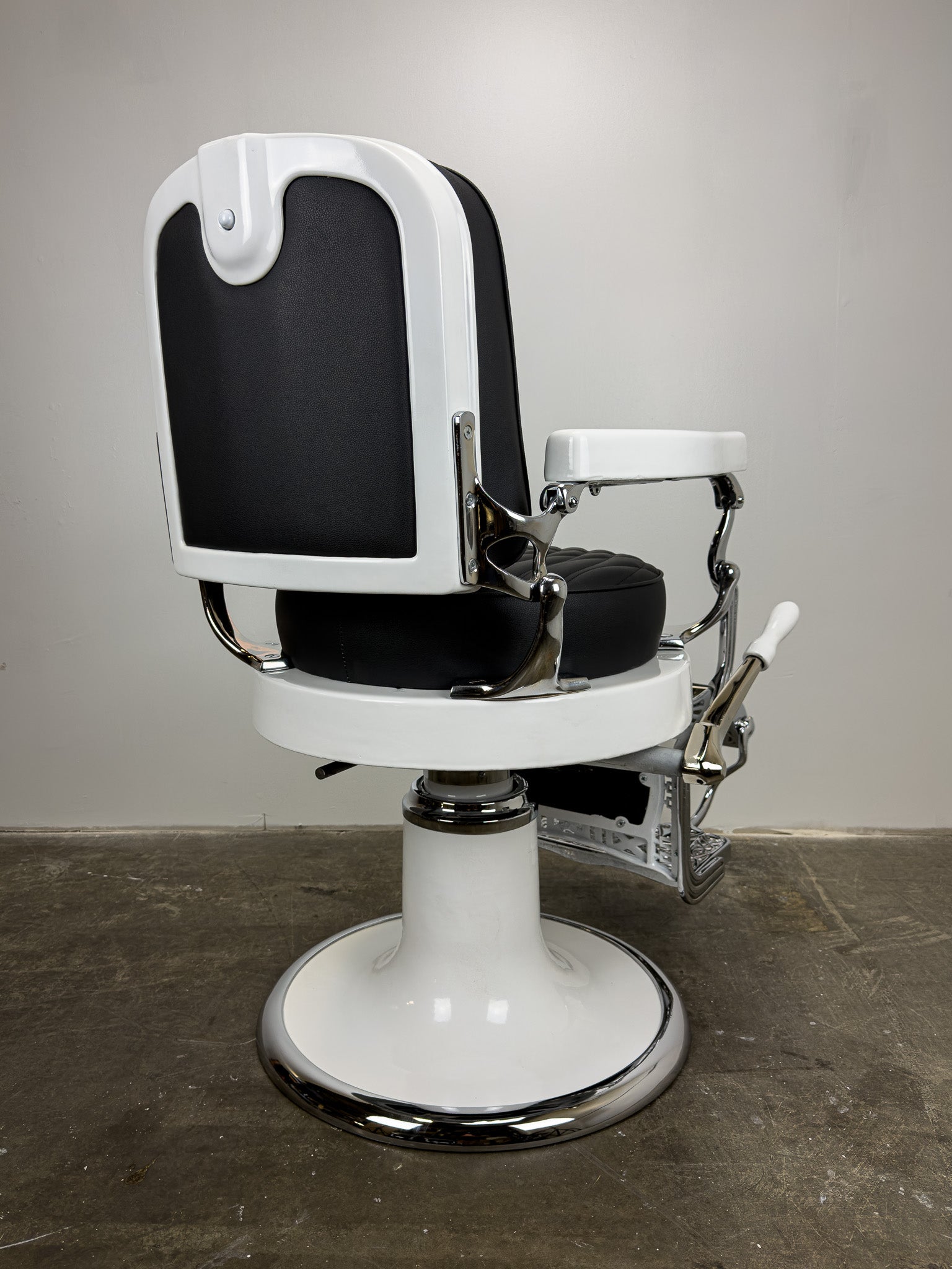 Custom Vintage Round Seat Koken Barber Chair - White on Chrome