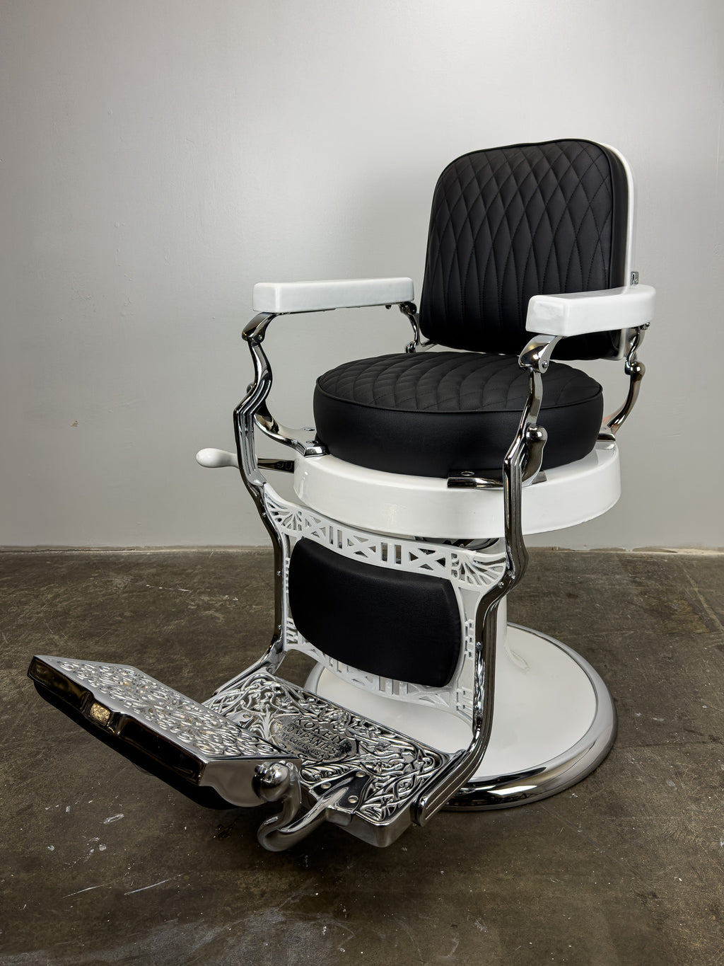 Custom Vintage Round Seat Koken Barber Chair - White on Chrome