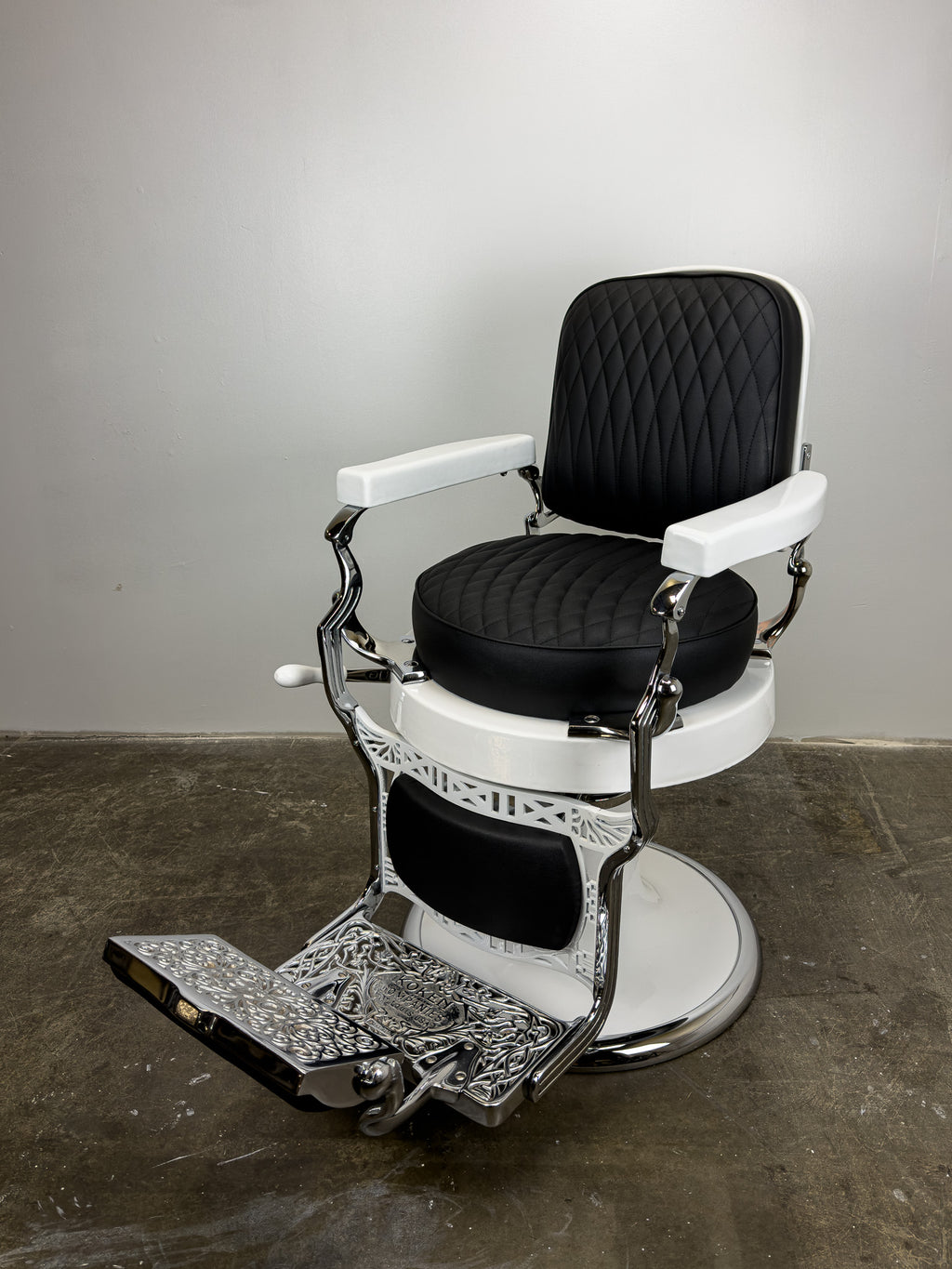 Custom Vintage Round Seat Koken Barber Chair - White on Chrome