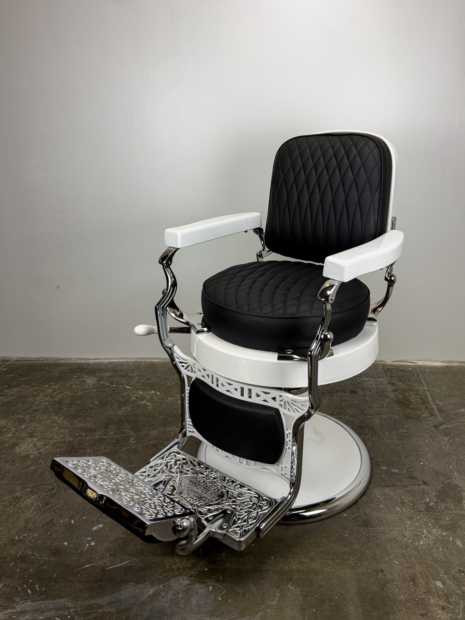 Custom Vintage Round Seat Koken Barber Chair - White on Chrome
