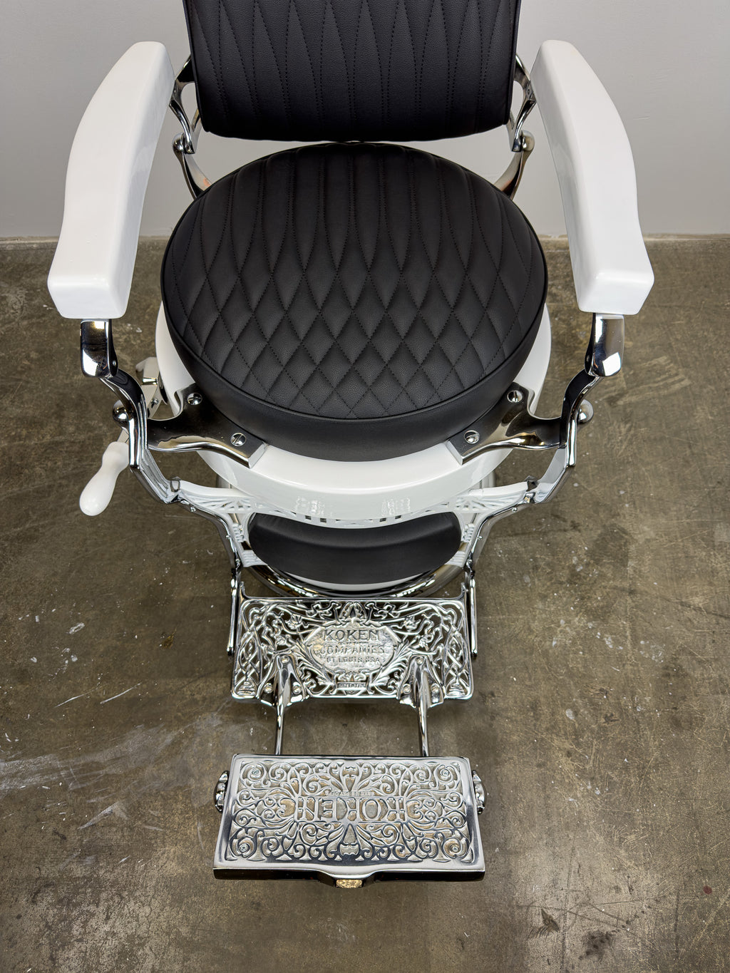 Custom Vintage Round Seat Koken Barber Chair - White on Chrome