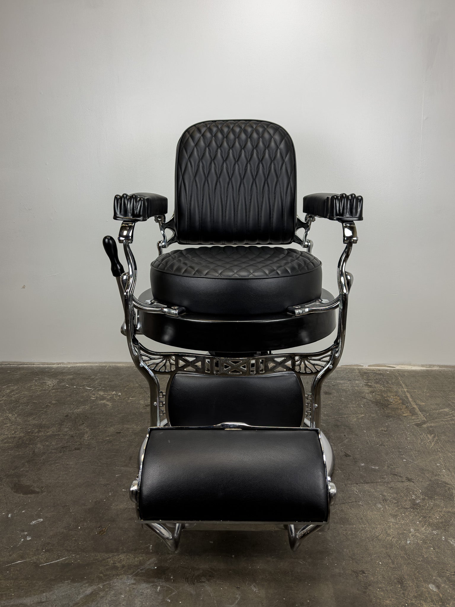 Custom Vintage Round Seat Koken Barber Chair - Black on Chrome