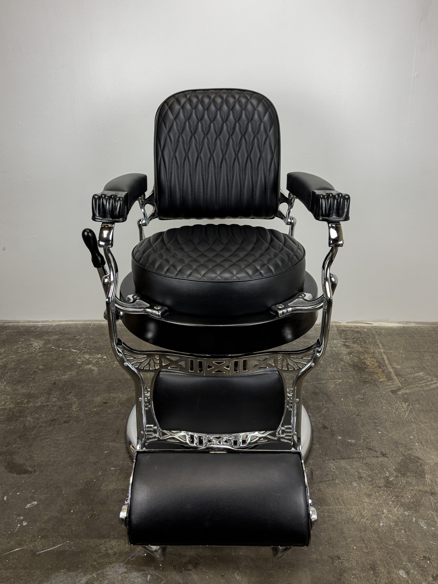 Custom Vintage Round Seat Koken Barber Chair - Black on Chrome