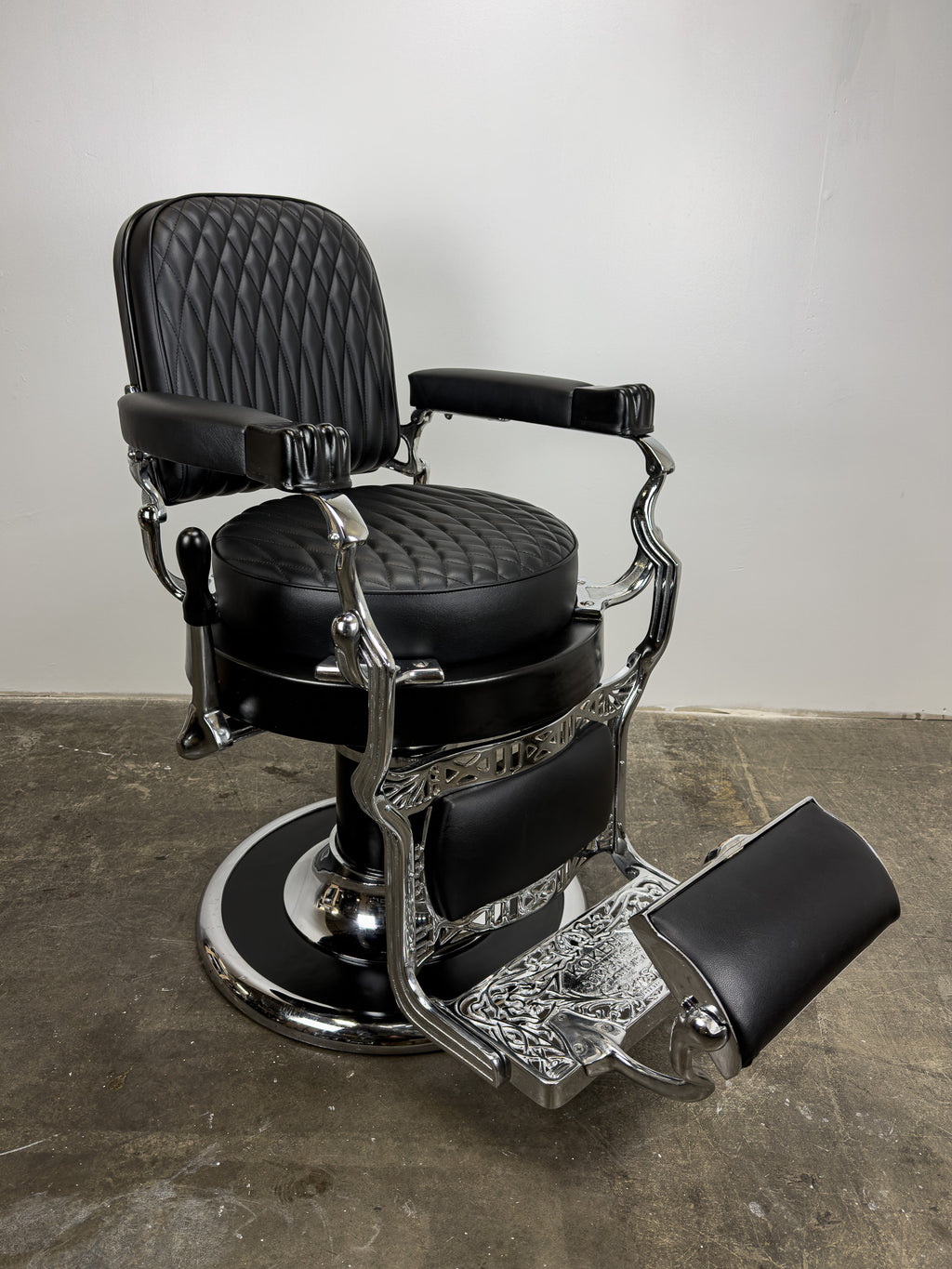Custom Vintage Round Seat Koken Barber Chair - Black on Chrome