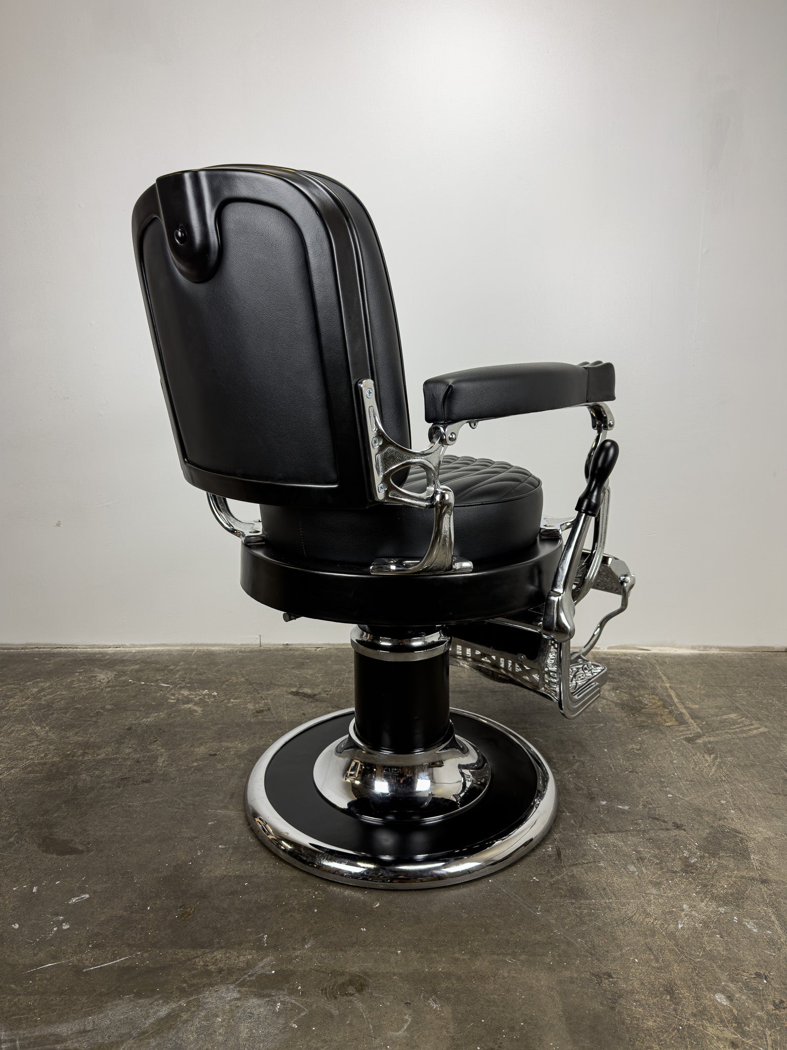 Custom Vintage Round Seat Koken Barber Chair - Black on Chrome