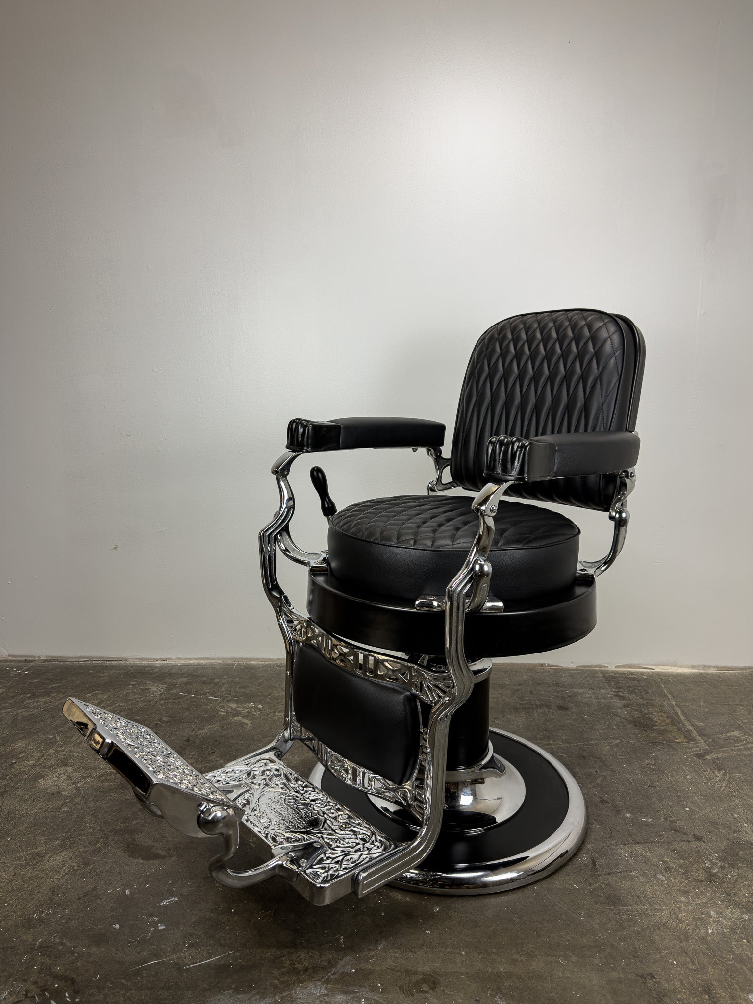 Custom Vintage Round Seat Koken Barber Chair - Black on Chrome