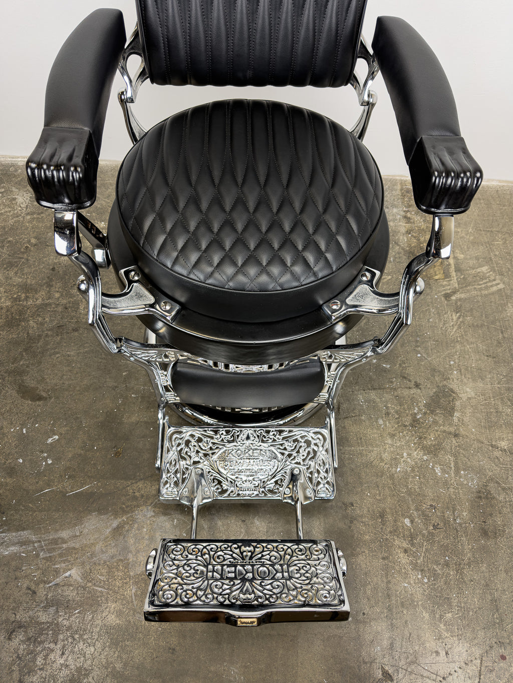 Custom Vintage Round Seat Koken Barber Chair - Black on Chrome