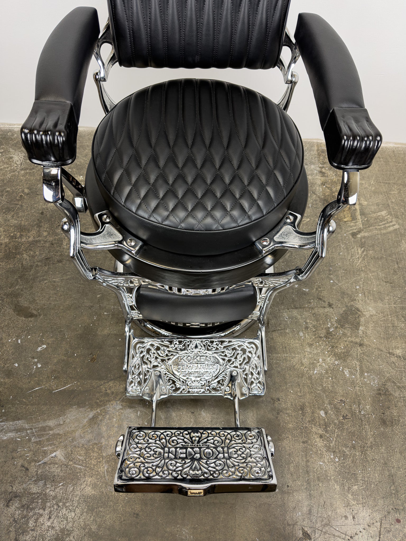 Custom Vintage Round Seat Koken Barber Chair - Black on Chrome