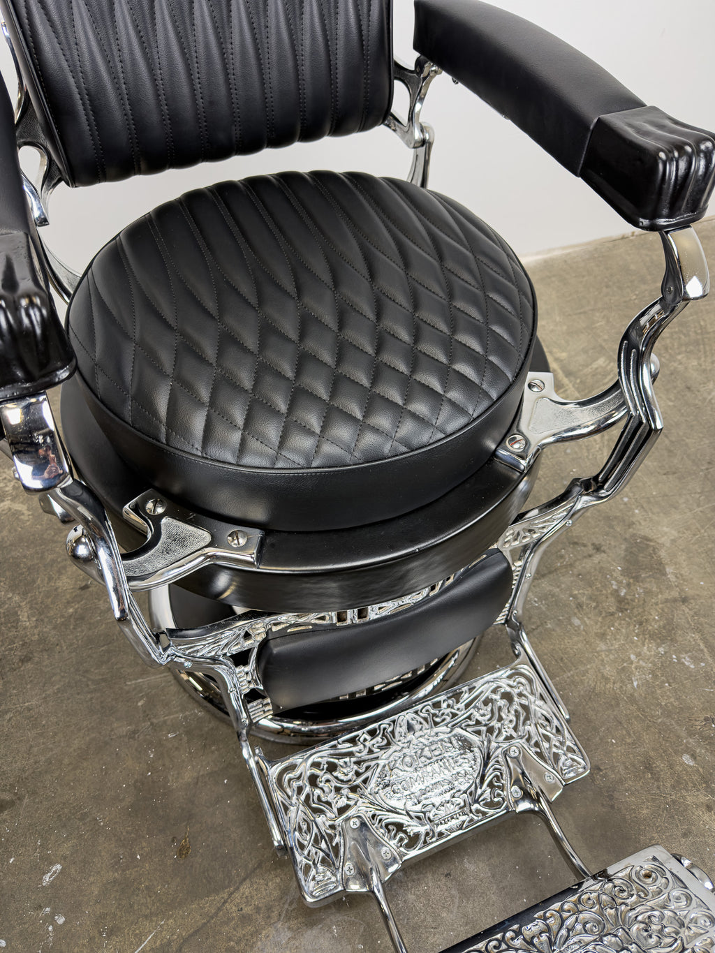 Custom Vintage Round Seat Koken Barber Chair - Black on Chrome